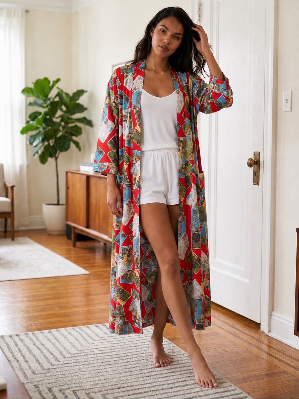 Vintage Perry Ellis Travel Postcard Print Kimono Robe 100% Cotton OSFA Belted